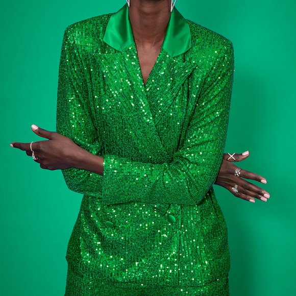 NWT New York and Company Green Sequins Double Breasted Blazer sz Medium M satin - Picture 3 of 5